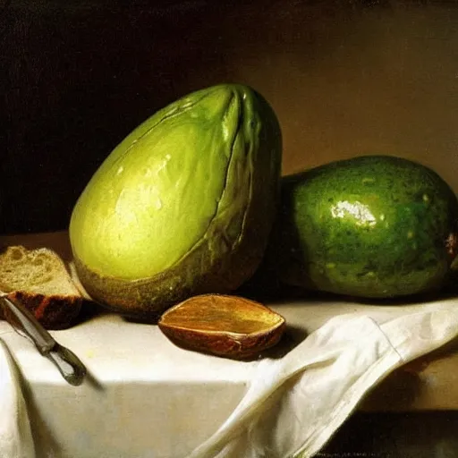 Prompt: still life by willem claesz heda, avocados, bread