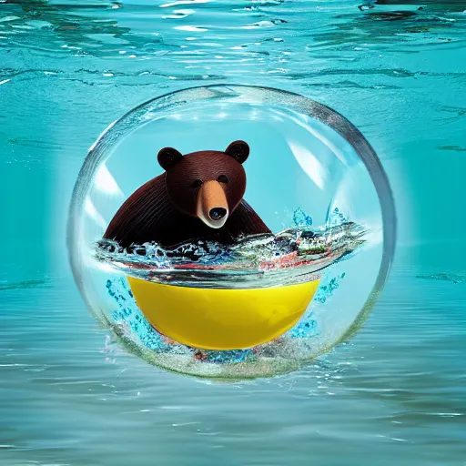 Image similar to a swimming bear inside of a fish bowl