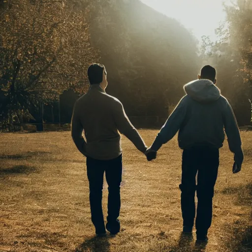 Prompt: two men walking holding hands
