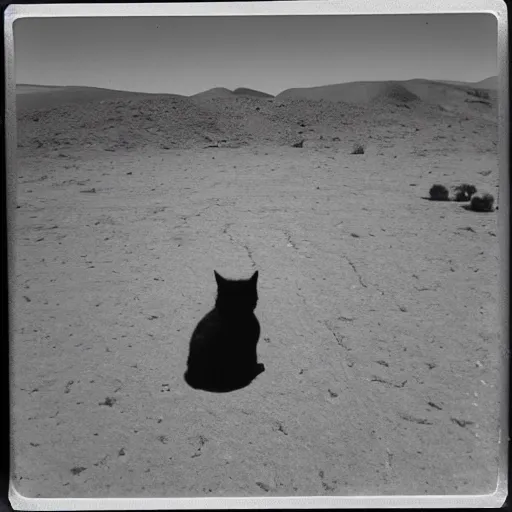 Prompt: a cat lost in the desert, polaroid, 8 mm