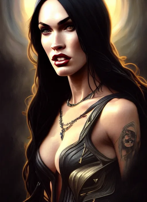 Image similar to portrait of megan fox as a vampire queen, jewelry, greek, black, intricate, headshot, highly detailed, digital painting, artstation, concept art, sharp focus, cinematic lighting, illustration, art by artgerm and greg rutkowski, alphonse mucha, cgsociety