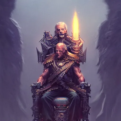 Image similar to joe biden atop a throne of skulls, fantasy, highly detailed, digital painting, artstation, cigarette, concept art, sharp focus, illustration, octane render, art by artgerm and greg rutkowski and magali villeneuve, dark color scheme