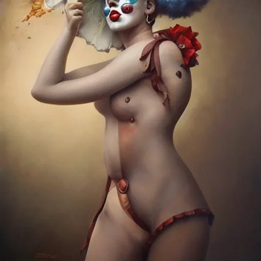 Image similar to artstyle by Tom Bagshaw, ultra realist soft painting of a carnival of curiosities, single beautiful female clown with a top cloth and hotpants, symmetry accurate features, very intricate details, focus, curvy, award winning