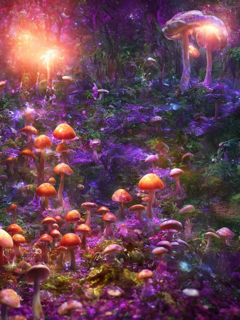 Image similar to a psychedelic engine creates mushrooms while fairy's dance in delight, by brian froud, octane render, 8 k, beautifully lit