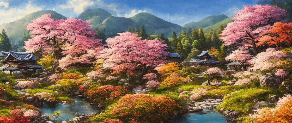 Image similar to a highly detailed, 4 k, alpine landscape with a cottage, dense sakura trees, fall, rural japan, new pixiv artist,