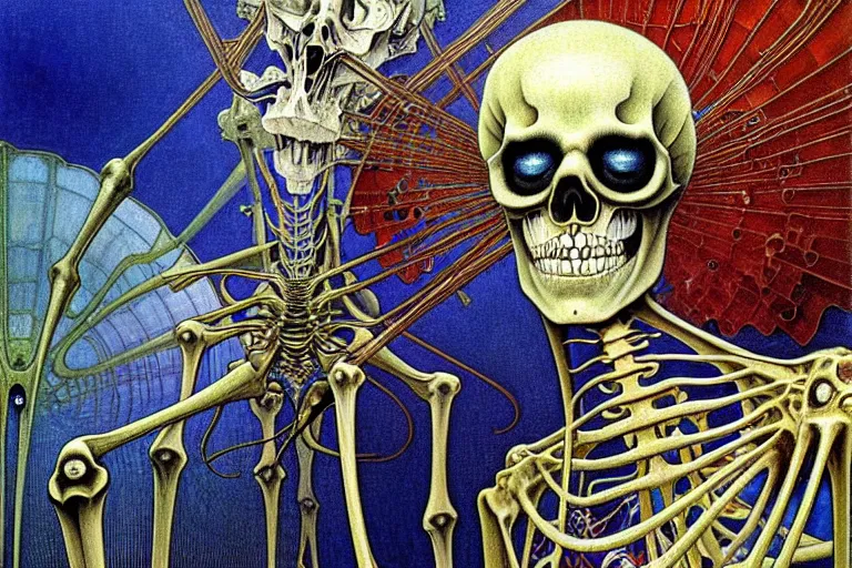 Image similar to realistic detailed closeup portrait painting of a single skeleton wearing a cape in a crowded futuristic moscow street by Jean Delville, Amano, Yves Tanguy, Alphonse Mucha, Ernst Haeckel, Edward Robert Hughes, Roger Dean, rich moody colours, blue eyes