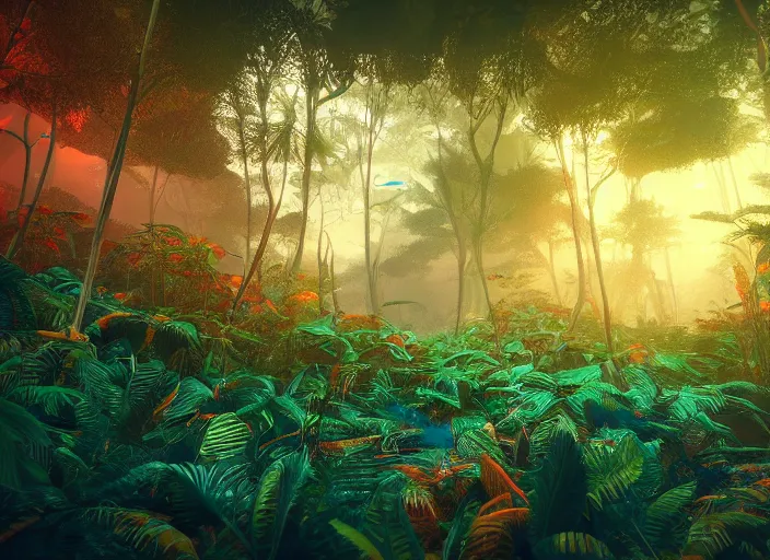 Prompt: a lush alien forest, teal sky, orange plants, birds in flight, humid alien jungle, orange and teal color scheme, atmospheric, exotic, colorful, unreal engine, trending on artstation