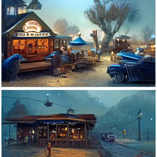 Image similar to the blue goose tavern. a big and famous roadside tavern. delicious fried pudding with sweet liquor is served here. fantasy art, high details, illustration by ross tran, james gurney, by craig mullins, by greg rutkowski