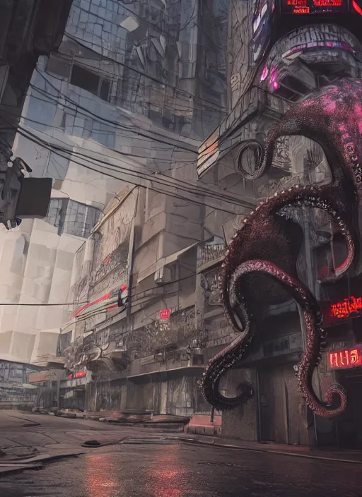 Image similar to hyperrealism, detailed textures, photorealistic 3 d cyberpunk octopus in apocalyptic city, futuristic clothing and helmet, ultra realistic, cinematic, intricate, cinematic light, unreal engine 8 k, octane render, unreal engine