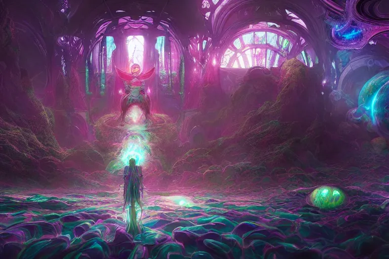 Image similar to a psychedelic realm at the edge of existence where intensely creative astral beings exist, attempt to break into the human reality, in the style of wlop, illustration, epic, fantasy, hyper detailed, smooth, unreal engine, sharp focus, ray tracing