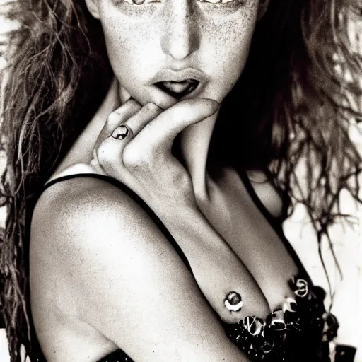 Image similar to a beautiful professional photograph by herb ritts and ellen von unwerth for vogue magazine of a beautiful lightly freckled and unusually attractive female fashion model looking at the camera in a flirtatious way, zeiss 5 0 mm f 1. 8 lens