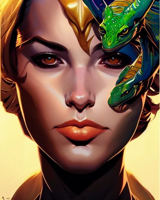 Image similar to artgerm, joshua middleton and sandra chevrier comic cover art, headshot male lizardfolk, symmetrical eyes, scales, beautiful, rim lighting, vivid colors