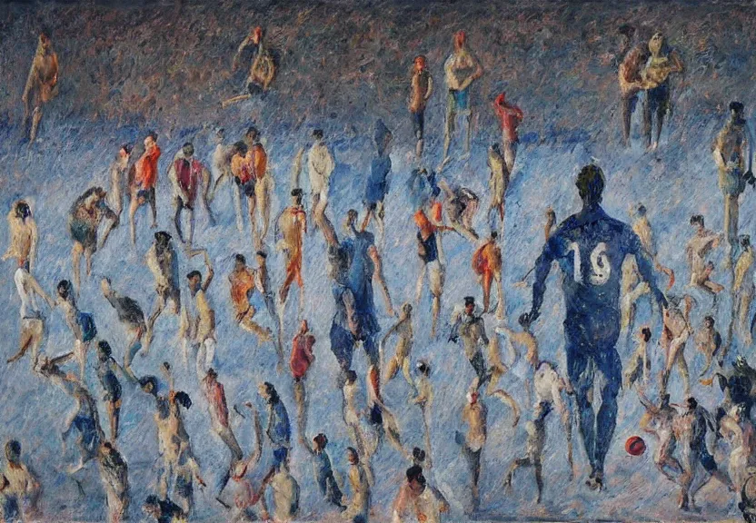 Prompt: spectators watching a football match + oil painting in the style of alberto giacometti and agostino arrivabene + two point perspective + bird's eye view + golden ratio composition