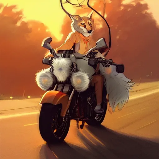 Image similar to cute fluffy caracal riding a harley motorcycle, road, sunset. adventurous, atmospheric lighting, stunning. by makoto shinkai, rossdraws, james jean, andrei riabovitchev, marc simonetti, krenz cushart, trendig on artstation, digital art