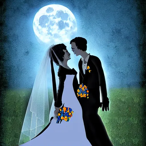 Prompt: a gothic wedding under a full blue moon, digital art