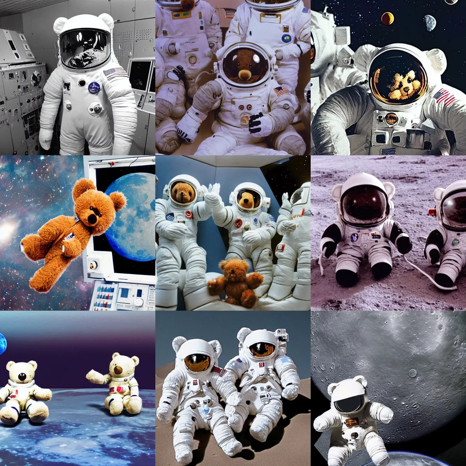 Prompt: a high-quality photograph of teddy bears wearing space suits, working on new AI computer research on the moon in the 1980s. Detailed and clear.