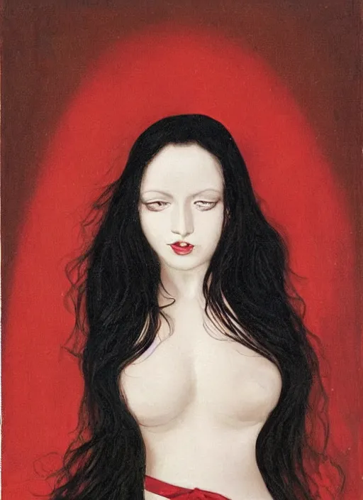 Prompt: a portrait of the most beautiful woman in the world with long black hair that extends past her waist with locks of hair that frame her face down to her chin and shows off her high forehead, dark brown eyes with long, voluminous eyelashes and pale skin, narrow waist and very large chest, wear a revealing red V-neck blouse that showed much of her chest and a loose sarong that exposed her long, slender legs with the green symbol of the Kuja adorned on it, along with a white cape sporting epaulettes more commonly found on the jackets of high-ranking Marines, and red high heel pumps, pink hearts in the background , romantic themed, beautiful face, intricate, highly detailed, digital painting, artstation, concept art, smooth, sharp focus, illustration, art by Artgerma