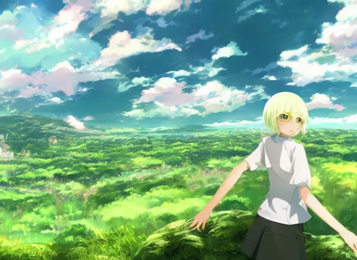 Prompt: illustration of a wide shot green hills with clouds in the background, cute anime girl with platinum blonde hair and big eyes close to foreground, anime key visual, official media, illustrated by wlop, extremely detailed, 8 k, trending on pixiv, cinematic lighting, beautiful