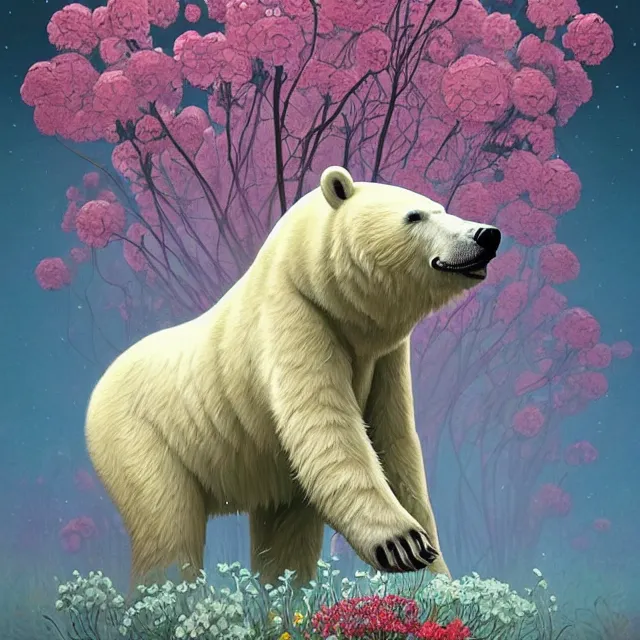 Prompt: a beautiful painting of a polar bear covered with flowers by simon stalenhag and pascal blanche and alphonse mucha!! and nekro and josan gonzalez. in style of digital art. colorful comic, film noirs, symmetry, brush stroke, vibrating colors, hyper detailed. octane render. trending on artstation