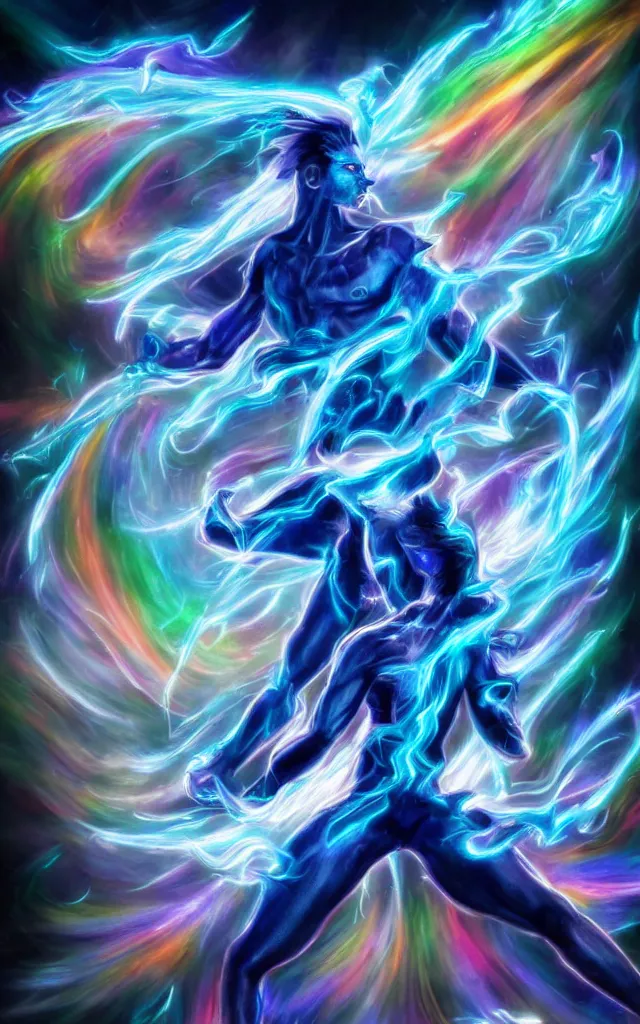 Image similar to a rainbow blue djinn in the style of Tekken blue and white night dramatic airbrushed clouds over black background, airbrush fantasy