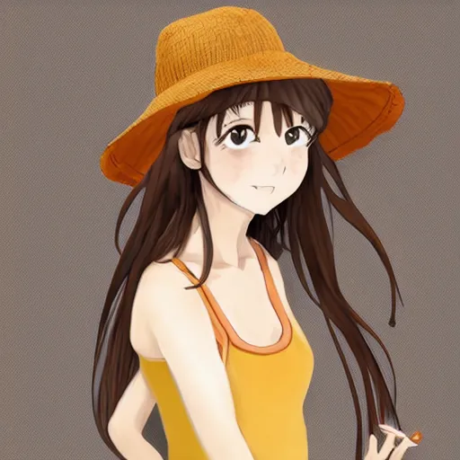 Image similar to portrait of cute anime girl with long brown hair with a frog bucket hat, digital art