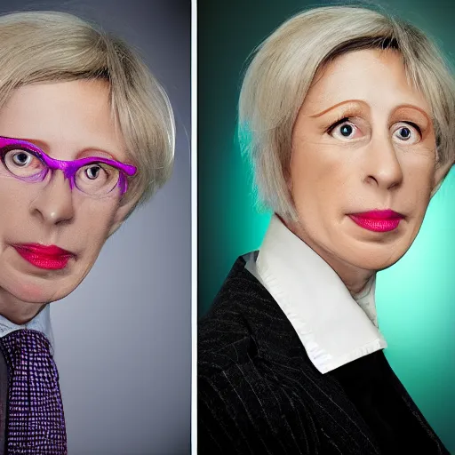 Image similar to corporate portrait, senior sales ceo executive vp, purple green color scheme, professional studio lighting, hyperreal detailed lifelike facial features, corporate portraiture shot by cindy sherman and david lynch