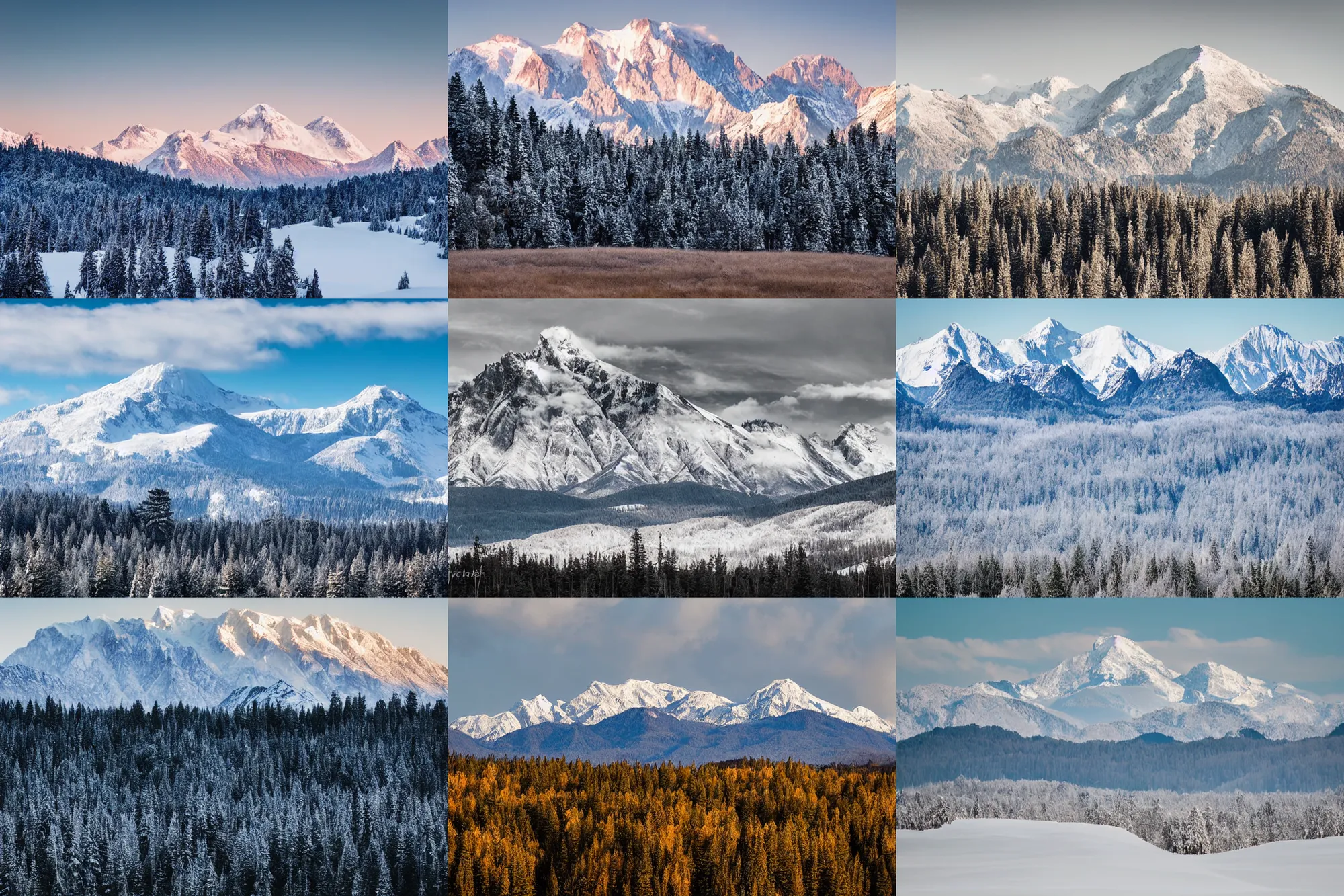 Image similar to long distance photo of snowy mountain range rising from forested plains, award winning landscape photography