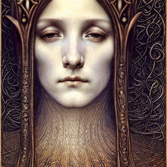 Image similar to detailed realistic beautiful young medieval queen face portrait by jean delville, gustave dore and marco mazzoni, art nouveau, symbolist, visionary, gothic, pre - raphaelite. horizontal symmetry