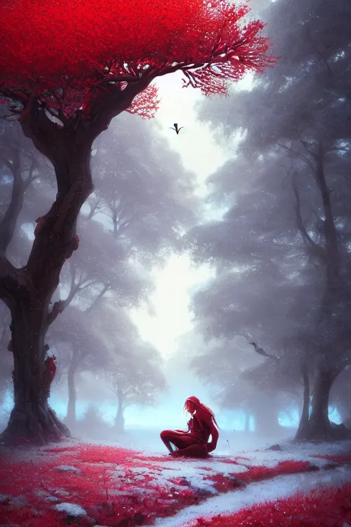 Image similar to giant tree in snow with red flowers, leaves falling, warrior sitting under the tree, unreal engine, fantasy art by greg rutkowski, loish, rhads, ferdinand knab, makoto shinkai and lois van baarle, ilya kuvshinov, rossdraws, tom bagshaw, global illumination, radiant light, detailed and intricate environment