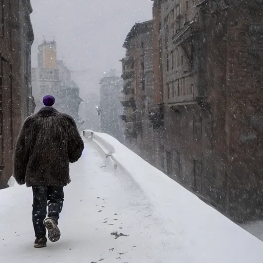 Prompt: a purple gorila and boy with colored dread hair walking in snow, 6 : 3 0 am, painted by michelangelo