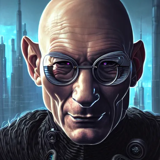 Prompt: portrait painting of a cyberpunk orc doctor who looks like patrick stewart, ultra realistic, concept art, intricate details, eerie, highly detailed, photorealistic, octane render, 8 k, unreal engine. art by artgerm and greg staples and elsa beskow and brian froud and jessica rossier