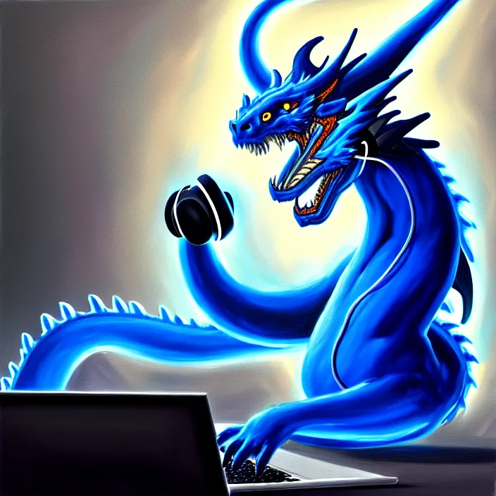 Prompt: a photorealistic painting of an anthropomorphic blue dragon wearing headphones, laptop, oil on canvas, furry, soft lighting