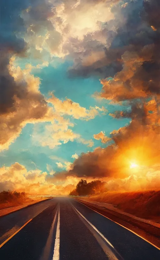 Prompt: textless hardback book cover. pure colors, melting clouds, accurately drawn details, a sunburst above a receding road with the light reflected in furrows and ruts, after rain. photorealistic. octane render. cinematic. trending on artstation. textless.