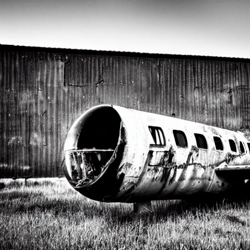 Image similar to black and white press photograph of a rusted abandoned business jet on an abandoned hangar, full view, detailed, natural light, mist, film grain, soft vignette, sigma 5 0 mm f / 1. 4 1 / 1 0 sec shutter, imax 7 0 mm footage