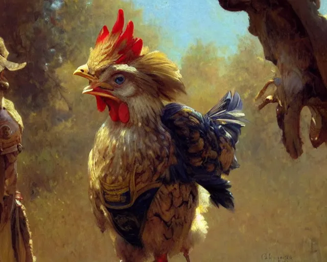 Prompt: a man dressed as a chicken, highly detailed painting by gaston bussiere, craig mullins, j. c. leyendecker 8 k