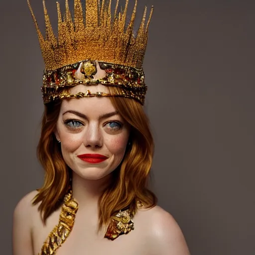 Image similar to A full body shot of Emma Stone wearing a golden Arabian crown , royality, high quality, fully detailed, 4k