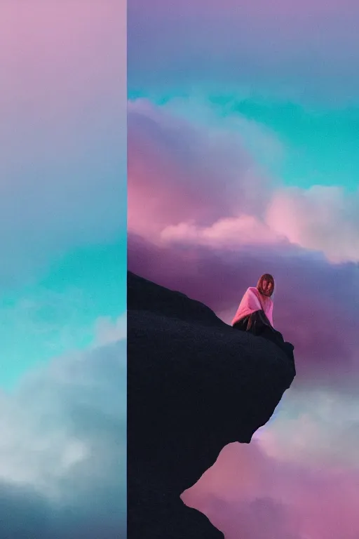 Prompt: high quality pastel coloured film close up wide angle photograph of a model wearing clothing resting on cloud furniture in a icelandic black rock!! environment in a partially haze filled dreamstate world. three point light, rainbow. photographic production. art directed. pastel colours. volumetric clouds. pastel gradient overlay. waves glitch artefacts. extreme facial clarity. 8 k. filmic.