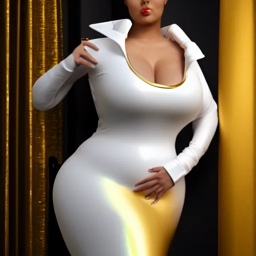 Image similar to curvy feminine hot goth cutie in a sublime elegant polished white latex neck-high gown with golden trim and latex leggings, thin waist, cgsociety, photorealistic, comfy ambience, idealistic, 16k, smooth, sharp focus, trending on ArtStation, volumetric lighting, fully clothed, worksafe