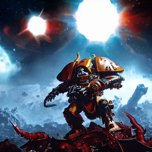 Prompt: A Space Marine from Warhammer 40k fighting a horde of Tyranid swarm beneath the baleful light of a dying star, 8k, Raytracing