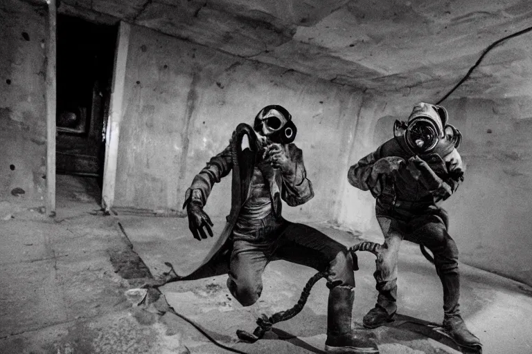 Image similar to madman in gasmask beats up mutants in soviet bunker