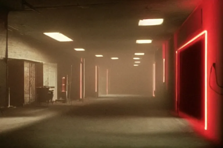 Prompt: a dark conference hall, half full, atmospheric and obscure, red neon light, by roger deakins, cinematography, syd mead