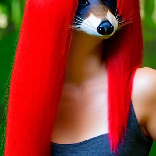 Prompt: raccoon wearing bright red wig, photo, detailed, 4 k