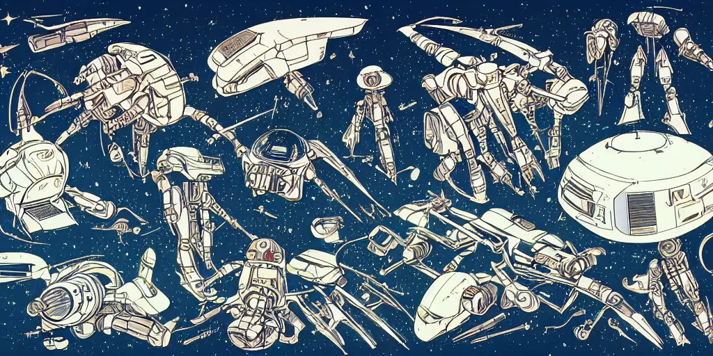 Prompt: beautiful schematic of an alien combat robot in space, mix of styles, schematic, solarpunk, illustration, intricate, highly detailed, sharp lines, studio ghibli color scheme