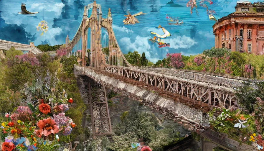 Image similar to detailed bridge with unexpected maximalist elements. 8x HD mixed media 3D collage in the style of an hyperdetailed childbook illustration in soft natural tones. matte background no frame HD