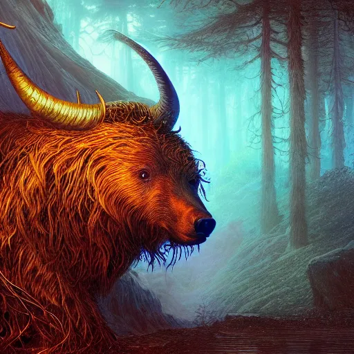 Image similar to photorealistic mystical horned bear in the style of michael whelan and gustave dore. hyperdetailed photorealism, 1 0 8 megapixels, amazing depth, glowing rich colors, powerful imagery, psychedelic overtones, 3 d finalrender, 3 d shading, cinematic lighting, artstation concept art