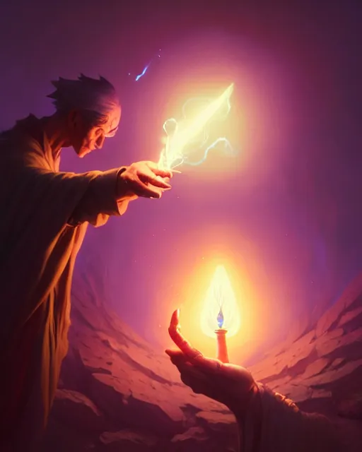 Image similar to highly detailed vfx portrait of an old mage casting a light spell, unreal engine, greg rutkowski, loish, rhads, beeple, makoto shinkai and lois van baarle, ilya kuvshinov, rossdraws, tom bagshaw, alphonse mucha, global illumination, detailed and intricate environment