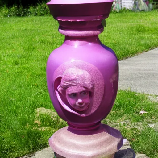 Prompt: photo of an urn with a pink punk hairdo