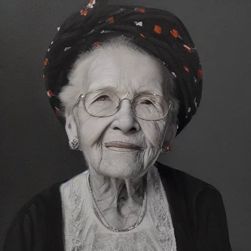 Prompt: A photo of a portrait of a 95 year old lady, black background , trending on Art Station, high detailed, photorealistic