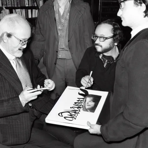 Image similar to Abdul Alhazred signs Necronomicons at a book signing event, 1974 vintage photo