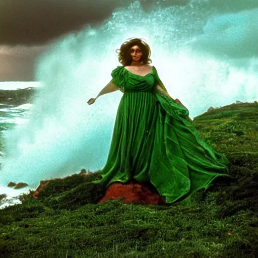 Image similar to 1 9 7 0's artistic italian western film in color, a woman in a giant billowy wide flowing waving dress made out of ocean waves and sea foam, standing inside a green mossy irish rocky scenic landscape, huge crashing waves and sea foam, volumetric lighting, backlit, moody, atmospheric